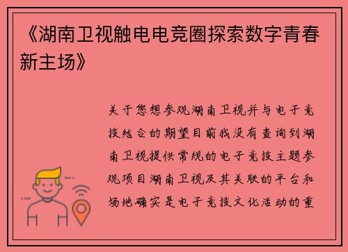 《湖南卫视触电电竞圈探索数字青春新主场》